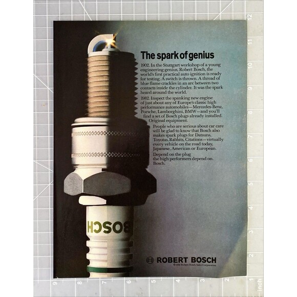 Robert Bosch Spark Plugs "The Spark of Genius" Vintage Print Ad 1982 - Picture 2 of 3